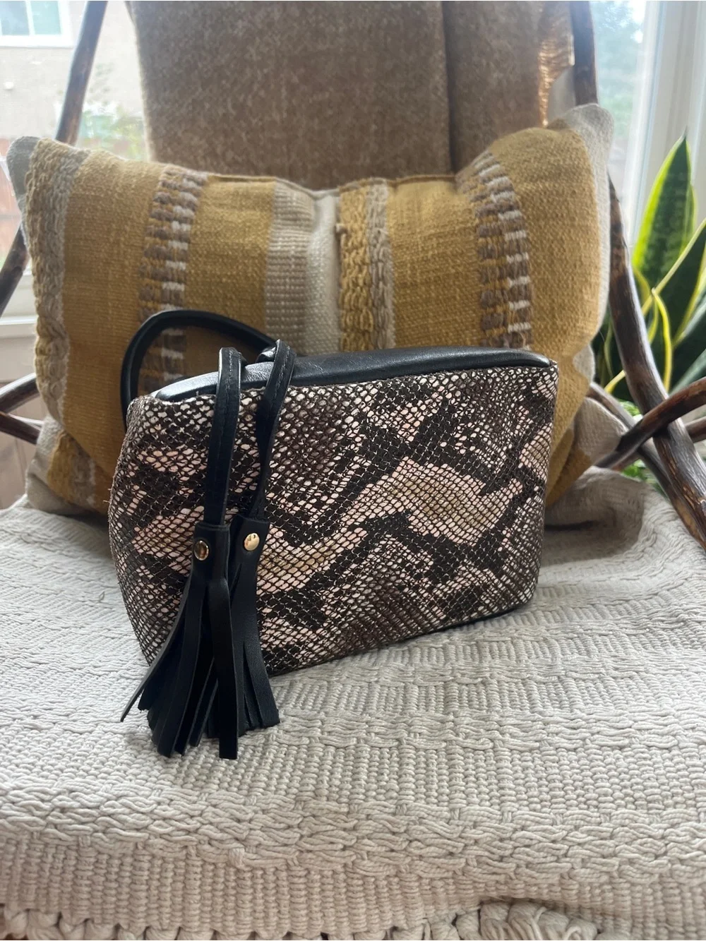 Black Italian Leather Drawstring Satchel with Snake-Print Panels